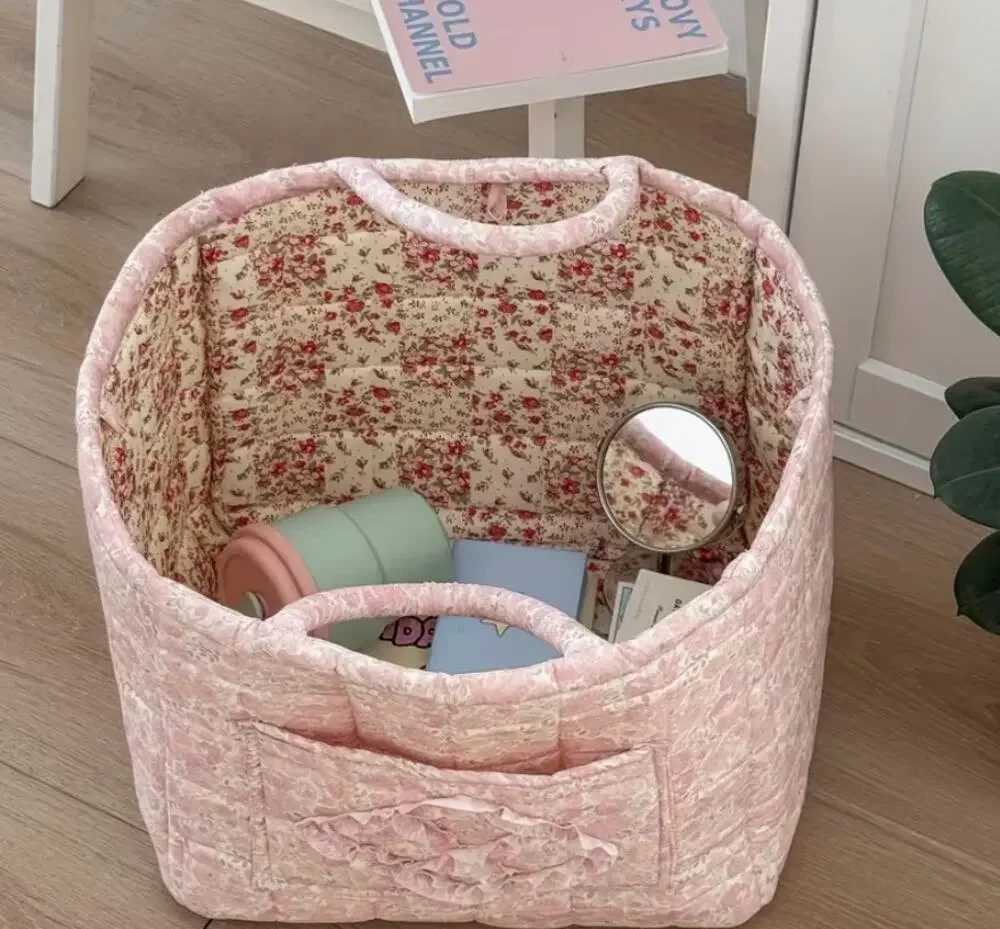 Quilted Yarn Toy Storage Basket with Handle - Pink (Don't accept offers)